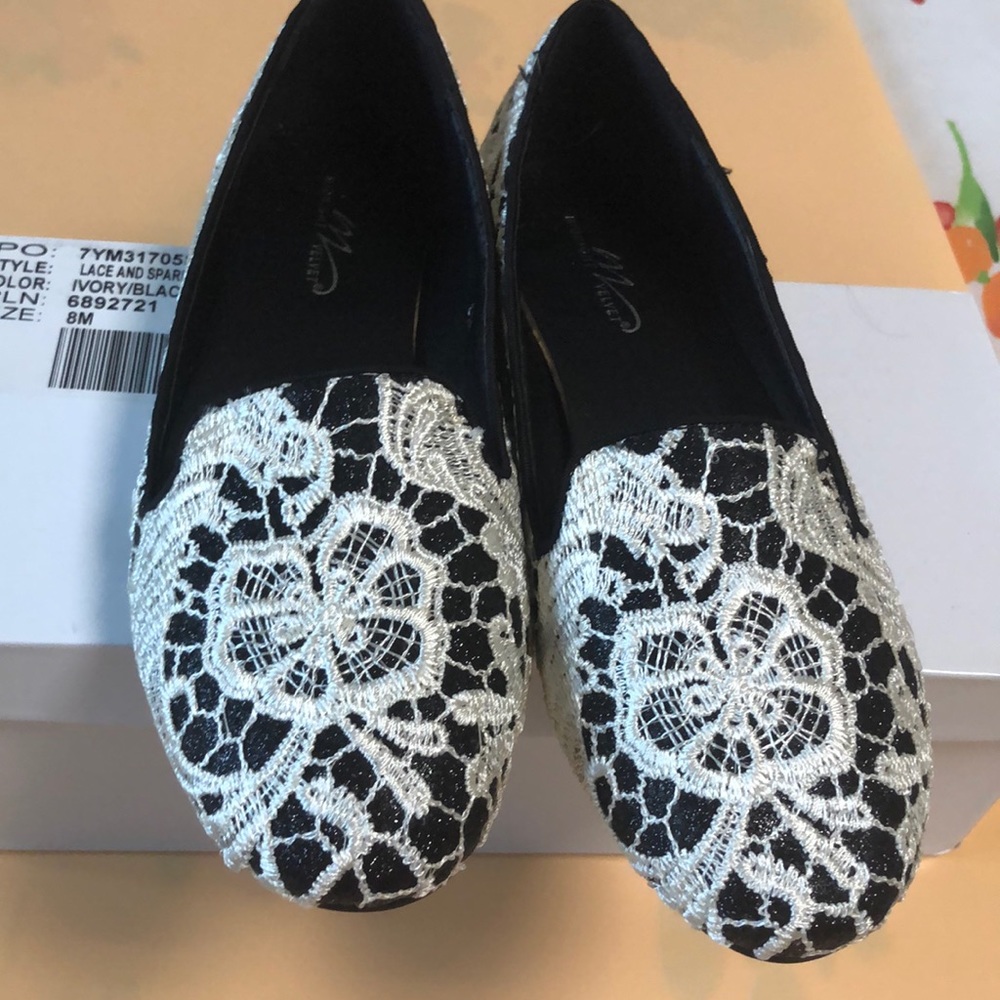 NIB Midnight Velvet Lace Black Sparkle Flats Sz 8M